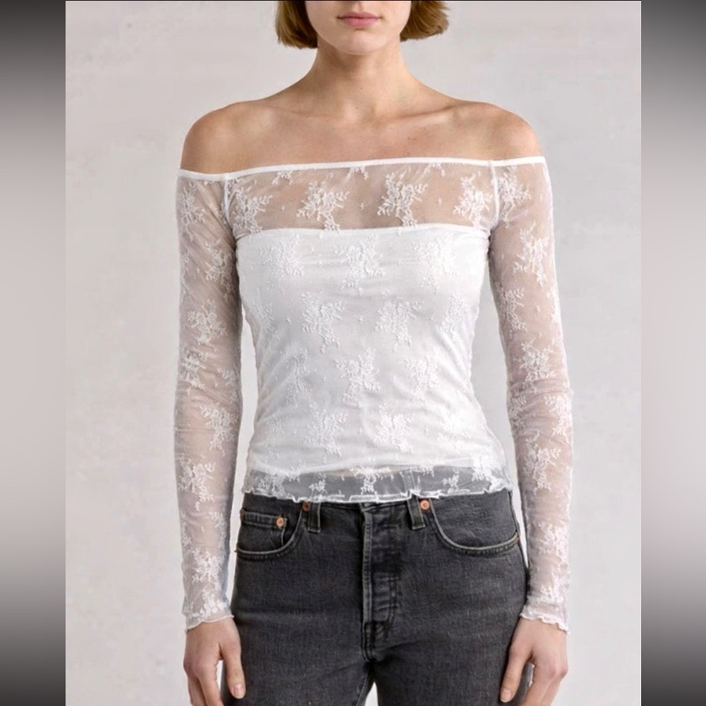 Elodie White Sheer Lace Off-Shoulder Long Sleeve Top